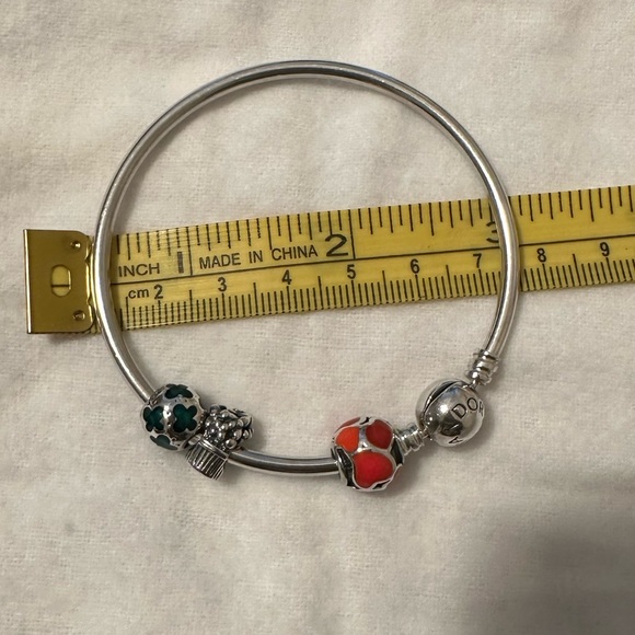 Authentic PANDORA Sterling Bangle Bracelet with 3 charms included - Picture 8 of 8